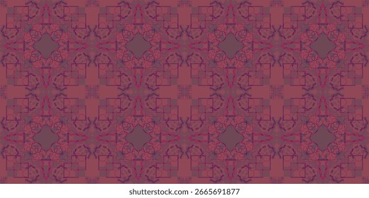Decorative Ornamental Background with Repeating Shapes. Abstract Geometric Pattern in Red and Purple background. art line ornamental seamless pattern. Seamless Kaleidoscopic Design with Floral Motif
