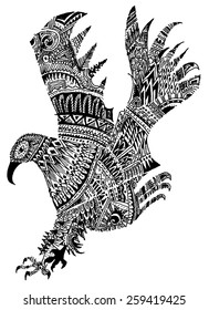 Decorative ornamental black and white eagle background. Vector hand draw illustration in style zentangle