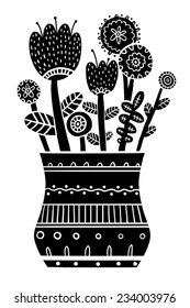decorative ornamental bouquet in a vase. Black-and-white image.