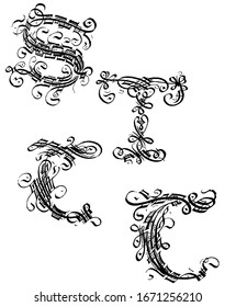 letras decorativas ornamentales de cuadros negras de vectores caligráficos