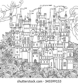 Decorative ornamental castle from a fairy tale, on orient floral black and white ornament. Vector illustration. The best for your design, textiles, posters, coloring book