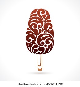 Decorative ornamental chocolate ice cream . Abstract dessert icon on white background 