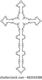 Decorative ornamental christian cross. Black and white drawing, vector illustration.
