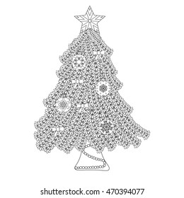 Decorative ornamental Christmas tree with artistic balls, star and bows. Zentangle design. Coloring book page for adult, anti stress coloring and other decoration. New year illustration.