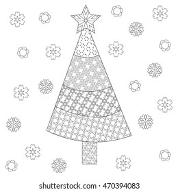 Decorative ornamental Christmas tree with artistic snowflakes and star. Zentangle design. Coloring book page for adult, anti stress coloring and other decoration. New year illustration.