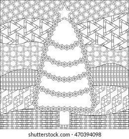 Decorative ornamental Christmas tree with artistic snowflakes and star. Zentangle design. Coloring book page for adult, anti stress coloring and other decoration. New year illustration.