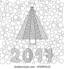 Decorative ornamental Christmas tree with artistic star. Zentangle design. Coloring book page for adult, anti stress coloring and other decoration. 2017  New year illustration.