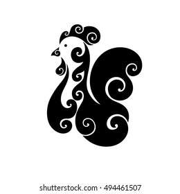 Decorative ornamental cock. Black silhouette on a white background. Abstract head of the cock. Symbol 2017. Logo, design element, logo. Vector illustration