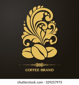 Decorative ornamental coffee beans and floral design elements. Coffee symbol icon gold on black. Logo coffee shop, cafe. Illustration for banner, poster, business sign, identity, branding