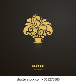 Decorative ornamental coffee tea cup floral design elements. Coffee tea symbol icon gold on black. Logo coffee shop, tea brand, cafe. Illustration for banner, poster, business sign, identity, branding