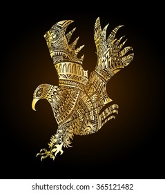 Decorative ornamental colorful golden eagle on black background. Vector hand draw illustration in style zentangle