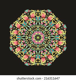 Decorative ornamental colorful vector rosette on black background