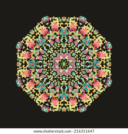 Decorative ornamental colorful vector rosette on black background