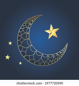 Decorative ornamental crescent moon and star design.