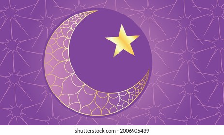Decorative ornamental crescent moon and star design.