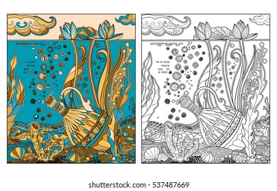 Decorative ornamental doodle illustration of a fairy tale, a jug and treasure on the seabed. Illustration for coloring book for adult. Vector illustration. Hand drawn artwork.