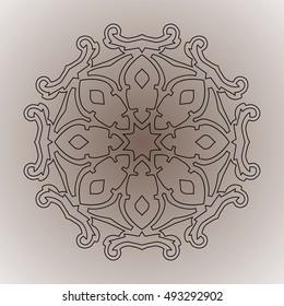 Decorative ornamental element. Black mandala on gray background. Vector illustration