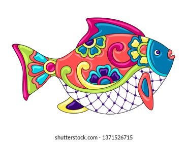 Decorative ornamental fish. Mexican ceramic cute naive art. Ethnic decorative objects. Traditional folk floral ornament.