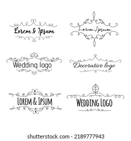 Decorative ornamental and floral style wedding logo line art vector illustration set on white background with dummy text.