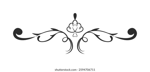 Decorative ornamental flourish with symmetrical swirling elements in black on a white background. Suitable for invitations, wedding decor, and vintage designs. Vector illustration