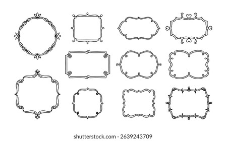 Decorative ornamental frames, calligraphic borders and filigree elements with copy space collection. Minimalist design templates with empty blank place outline sketch set vector illustration
