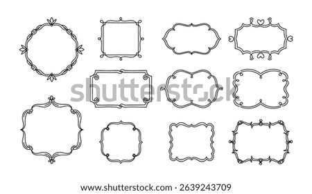 Decorative ornamental frames, calligraphic borders and filigree elements with copy space collection. Minimalist design templates with empty blank place outline sketch set vector illustration