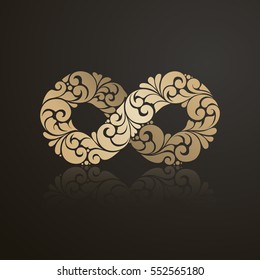Decorative ornamental gold Infinity symbol on dark black background. Vector abstract Endless Sign illustration logo design element for business, identity, branding