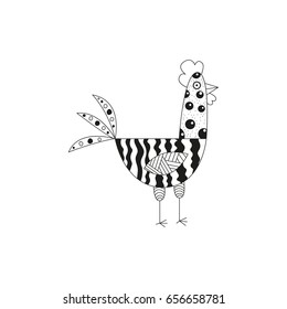 Decorative ornamental graphic rooster. Vector black and white illustration.