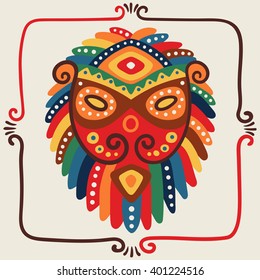 Decorative ornamental head of the lion Tribal ethnic bright vector illustration Hand drawn object in african or indian style Primitive simple stylized design for t shirt, print or card Wild life