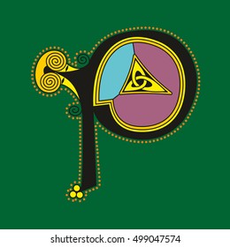 Decorative ornamental initial letter P in Celtic style with knot ornament like an illustration in antique medieval illuminated manuscript