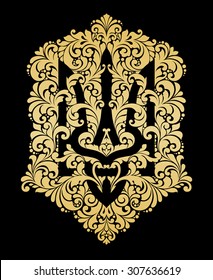 Decorative ornamental national symbol emblem coat of arms Ukraine Ethnic Ukrainian pattern Gold trident on black background. Vector Illustration for banner, print, card, souvenir