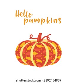 Decorative ornamental orange pumpkin vector icon isolated. Ornate Autumn symbol. Abstract Fall leaves pattern. Thanksgiving, Hallowen, harvest festival design element illustration. White background