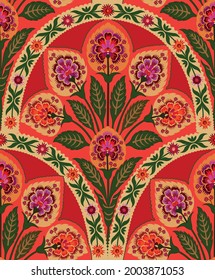 Decorative ornamental oriental style seamless floral pattern for wallpaper. Colorful Indian Mughal illustration for textile print. Vintage wallpaper. Mughal pattern. Colorful vintage motif background
