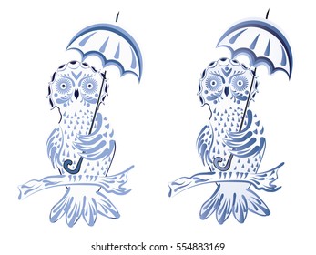 Decorative ornamental owl of blue color on white background.
