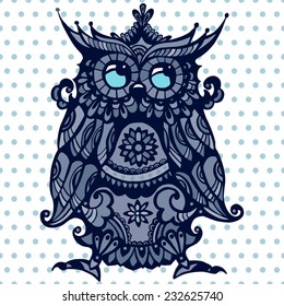 Decorative ornamental owl, illustration, lacy bird and small circles.