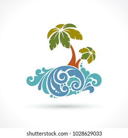 Decorative ornamental palm trees with waves isolated on white. Vector abstract illustration logo design element for banner, poster, business sign, identity, branding