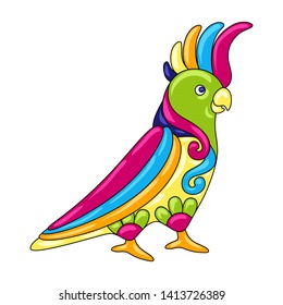Decorative ornamental parrot. Mexican ceramic cute naive art. Ethnic decorative objects. Traditional folk floral ornament.
