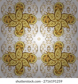 Padrão decorativo ornamental com motivos florais dourados repetitivos em um fundo claro. Vetor clássico elegante, design sem emenda adequado para papéis de parede, têxteis, embalagem, embalagem e decorativo