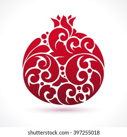 Decorative ornamental pomegranate fruit isolated on white. Vector abstract pomegranate illustration logo design element for packaging design, banner, poster, business sign, identity, branding