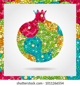 Decorative ornamental pomegranate made of mosaic texture. Vector illustration of fruit logo. Crazy colors abstract hand drawn vector pattern. Boho fashion style for prints