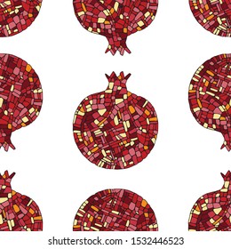 Decorative ornamental pomegranate made of mosaic texture for Rosh Hashanah greeting card. Vector illustration of fruit, seamless pattern. hand drawn vector pattern. Boho fashion style for prints