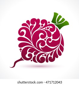 Decorative ornamental red beet isolated on white. Vector abstract  beetroot  illustration logo design element for packaging design, banner, poster, business sign, identity, branding 