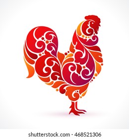 Decorative ornamental red cock isolated on white. Vector abstract fire cock illustration - symbol 2017 year, logo, design element, packaging, banner, poster, business sign, identity, branding