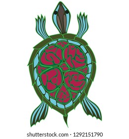 Decorative ornamental sea turtle Tribal ethnic bright vector illustration Hand drawn object in african or indian style Primitive simple stylized design Ocean life