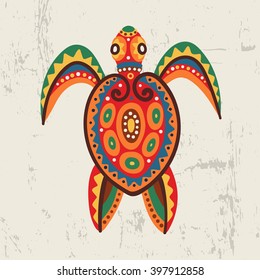 Decorative ornamental sea turtle Tribal ethnic bright vector illustration Hand drawn object in african or indian style Primitive simple stylized design Ocean life