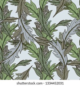 Decorative ornamental seamless spring pattern. Endless elegant texture with leaves. Tempate for design fabric, backgrounds, wrapping paper, package, covers.Vector illustration