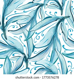Patrón de resorte ornamental sin costuras decorativo. Textura elegante infinita con hojas. Tempate para la tela de diseño, fondos, papel de envoltura, paquete, cubiertas