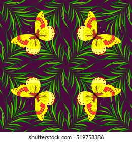Decorative ornamental seamless spring pattern. Endless elegant texture with leaves on blue background. Yellow butterflies.