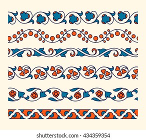 Decorative ornamental seamless vector borders. Vintage tape ornament. Set of floral tape ornaments