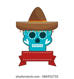 decorative ornamental sugar skull with ribbon an mexican hat